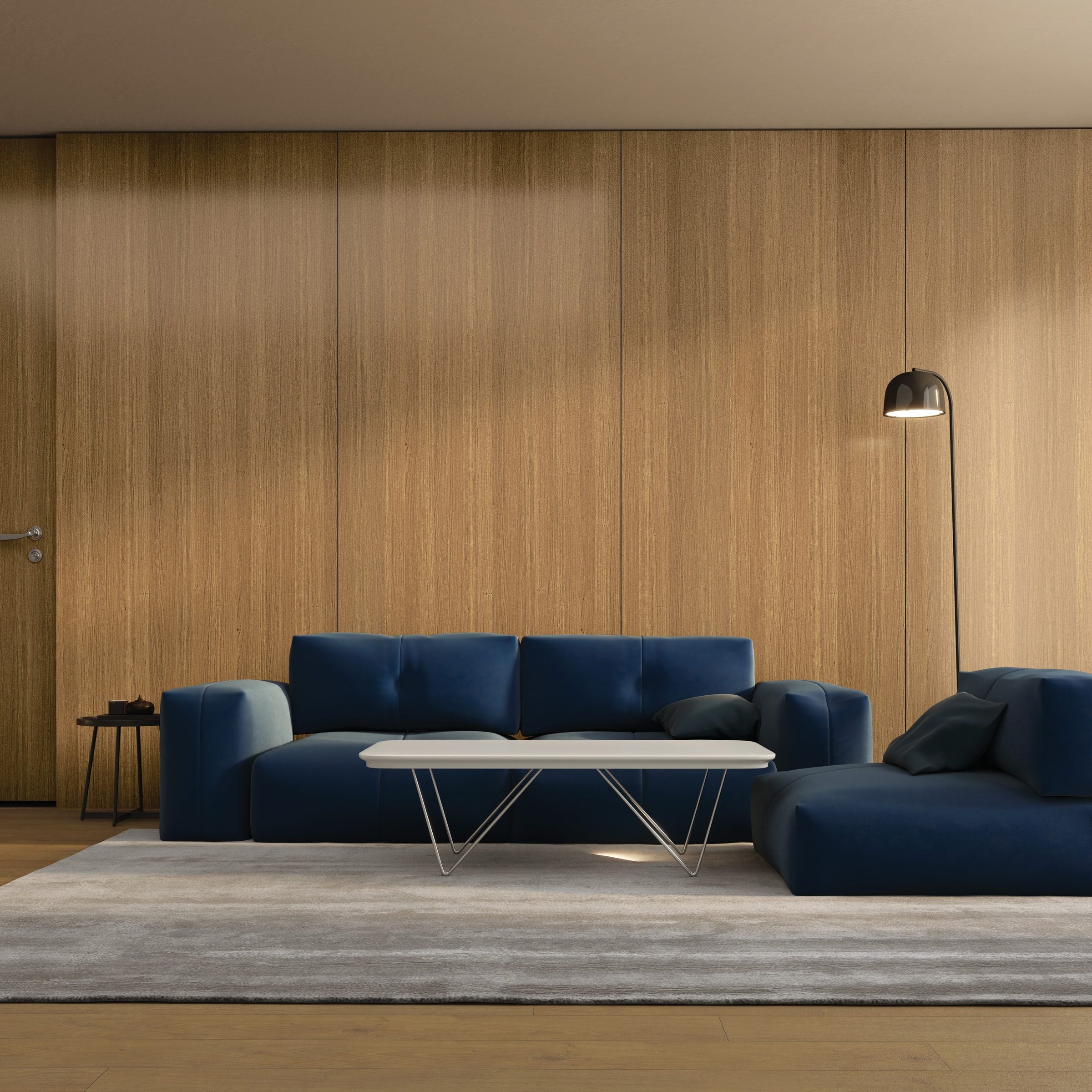Warm woodgrain wall panelling in a modern living room